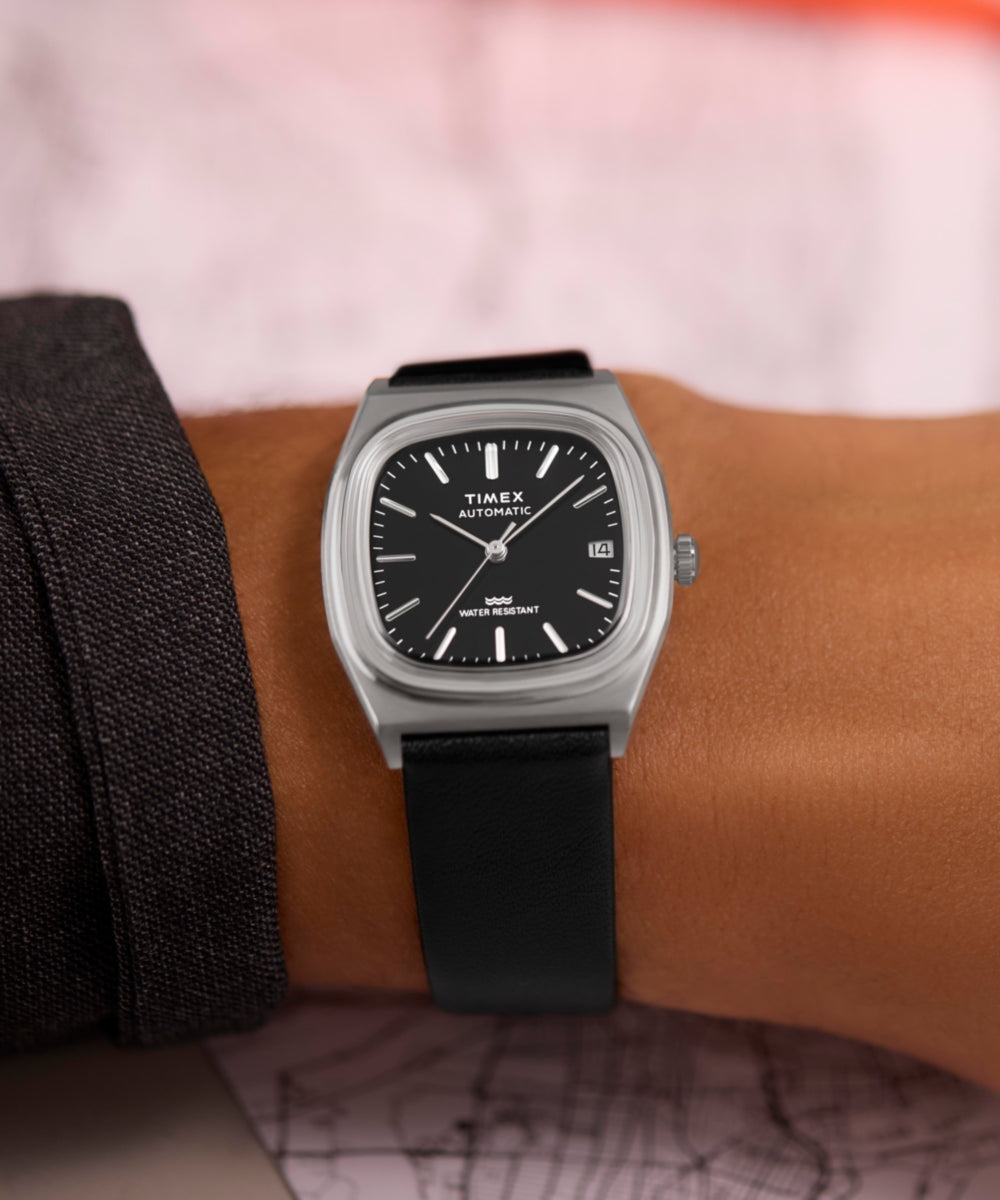 Timex® Automatic 1983 E Line 34mm Leather Strap Watch